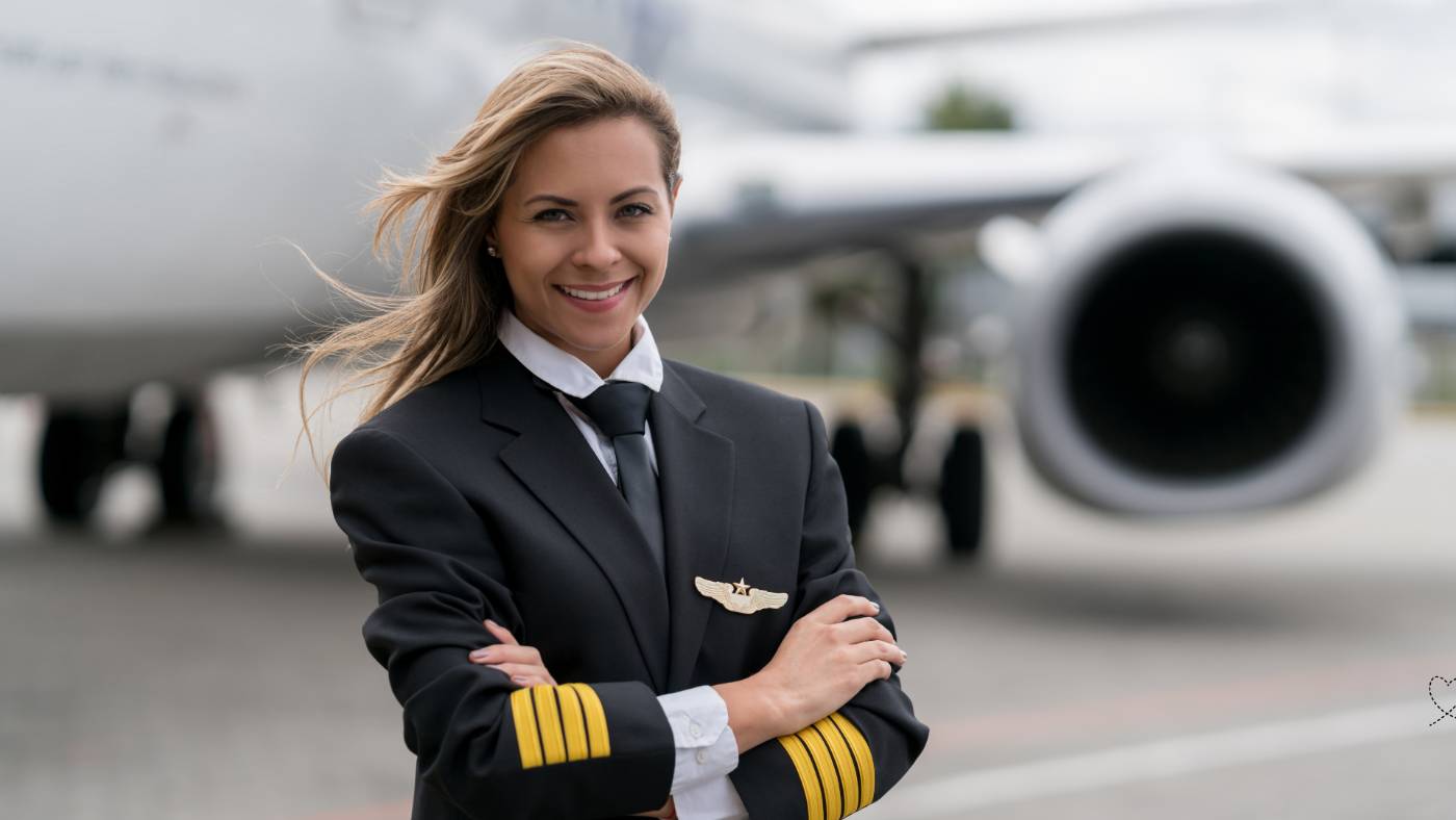 Femme pilote de ligne devant un avion